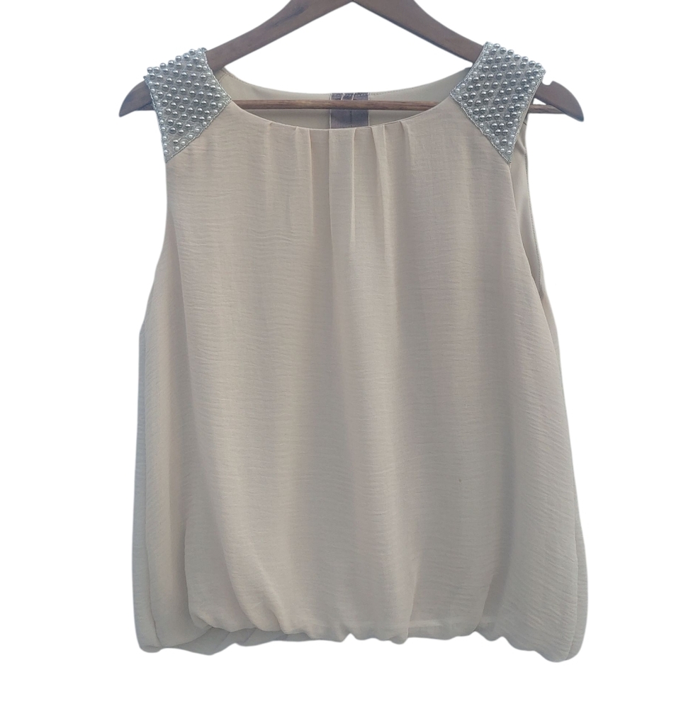 Moon Collection L.A. Elegant Cream Sleeveless Top Pearl And Silver Accents